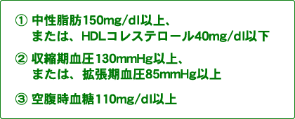 ̃TCYɉĂPFb150mg/dlȏA܂́AHDLRXe[40mg/dlȉ̕BQFk130mmHgȏA܂́Ag85mmHgȏ̕BRF󕠎110mg/dlȏ̕B̂2ȏ㓖Ă͂܂ꍇ͊댯łB